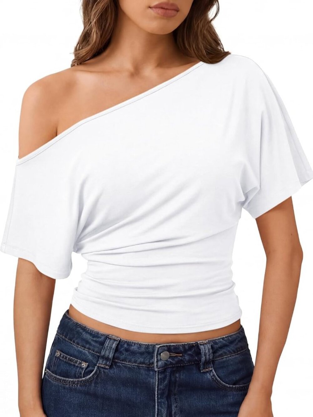 Women's White Rayon Blend Short Sleeve One Shoulder Neck Henley Shirts
